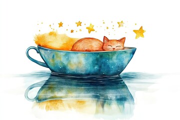 A dreamy teacup boat floating on a calm lake, a sleeping cat inside, stars reflected on water, watercolor painting