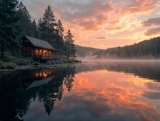 Fototapeta premium The image depicts a serene lakeside scene at sunset, with a cozy cabin illuminated from within