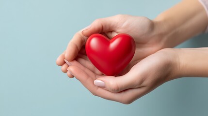 Hands holding a red heart symbol of love and care