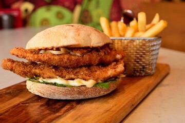 Double Fried Chicken Burger with chips
