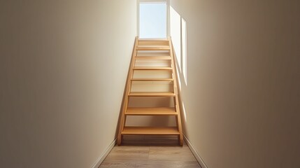 Wooden stairway leading upward into a bright space.