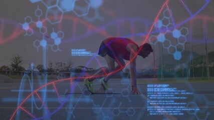 Male athlete crouching in starting blocks on track, displaying sports tech with DNA helix graphics - Powered by Adobe