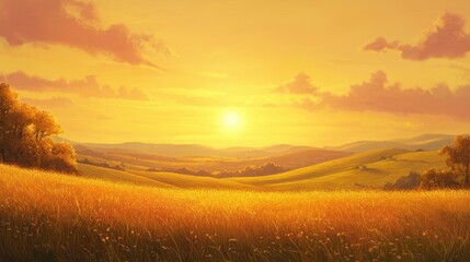 Fototapeta premium A glowing sunset over rolling hills, with the sky filled with warm, golden hues of joy and peace.