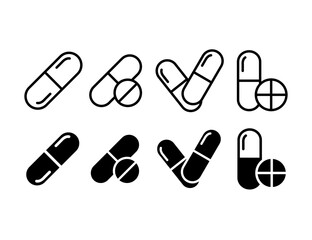 Pill icon line style and flat glyph style. Icon set related to hospital, pharmacy, medical, and nursing.