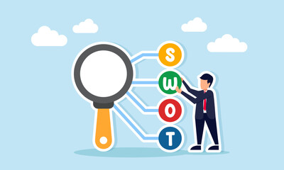 Businessman arrange the letter W among a row of letters to complete the word SWOT near a magnify glass, illustration of analysis of Strengths Weaknesses Opportunities and Threats