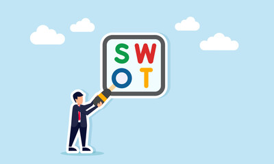 Businessman holding a magnifying glass shaped like the letter O placed on the word SWOT, illustration of analysis and evaluation of Strengths Weaknesses Opportunities and Threats
