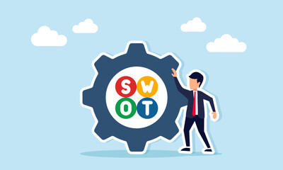 Businessman standing next to a gear labeled SWOT, illustration of analyzing Strengths Weaknesses Opportunities and Threats