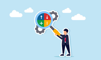Businessman hold a magnifying glass with up down arrows and plus minus signs to observe a gear system, illustration of analyzing pros and cons of a business or production system