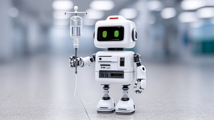 cute robot nurse holding IV drip in hospital setting, showcasing advanced technology and care. soft lighting enhances futuristic atmosphere