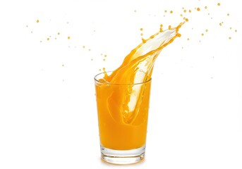 Orange juice splashing out of a clear glass on a white background, creating a refreshing and vibrant display