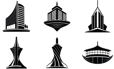 Futuristic Hotel Silhouette Vector Set – Modern High-Rise Building Design