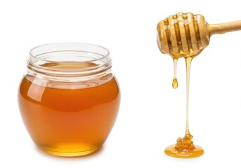 Golden honey in a glass jar with a dipper dripping honey on a white background, showing the natural sweetness