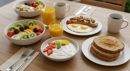 A breakfast spread featuring fruit bowls, toast, eggs, juice, and coffee on a wooden table top