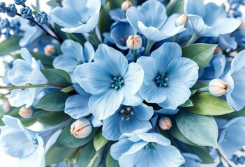 Delicate blue watercolor floral bouquet, lush leaves & soft petals, spring, pretty