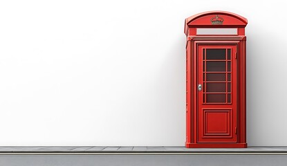 Fototapeta premium Classic red telephone booth against white wall with copy space