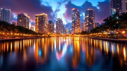 Fototapeta premium City lights reflecting on water at twilight