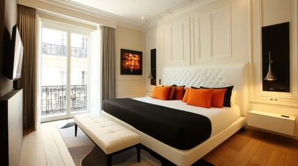 Modern hotel suite bedroom, city view, elegant decor, relaxing ambiance, travel