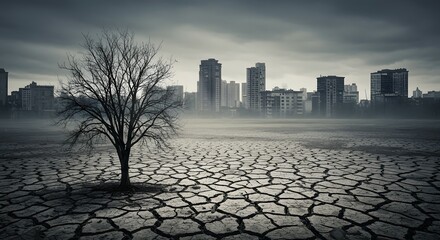 Desolate Urban Landscape A Single Tree Stands Against a Cracked Earth and a Haze-Covered Cityscape