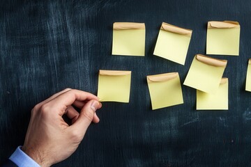 Obraz premium Hand placing a sticky note on a chalkboard with multiple notes, showcasing organization
