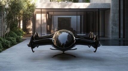 Sleek Futuristic Aircraft Design Standing Out in Modern Architectural Setting