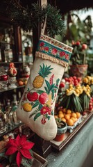Fototapeta premium Festive Fruit Embroidered Christmas Stocking Hanging Near Plants and Oranges