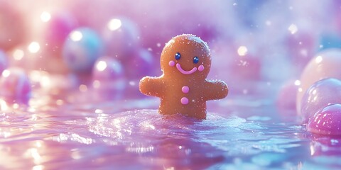 Fototapeta premium Smiling Gingerbread Man in a Pastel Winter Wonderland
