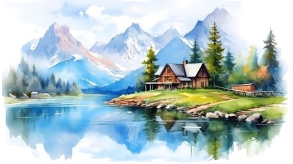 Obraz premium Scenic Landscape Painting of Mountain Lake and House with Beautiful Natural Scenery