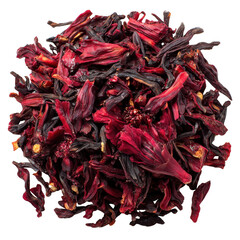 Pile of dried hibiscus petals on transparent background