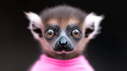 Obraz premium Adorable baby lemur wearing a bright pink shirt stares curiously at the camera against a dark background.