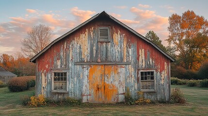 Obraz premium Autumnal Hues of a Weathered Barn at Dusk