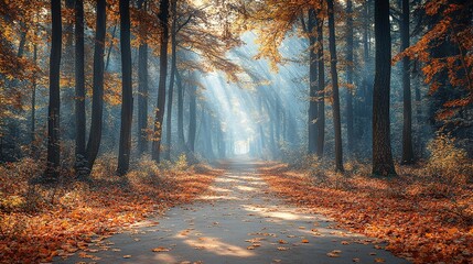 Obraz premium Autumnal Sunlight Path Through a Misty Forest