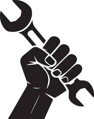 Raised Hand of Worker with wrench. Symbol of heavy mechanical work, protest, fight for your rights. Vector template