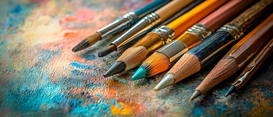 Obraz premium Brushes, pencils laying on colorful painter's canvas in art studio