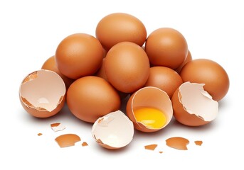 Pile of brown eggs with broken shells and visible yolk on a white background, showing food preparation ingredients