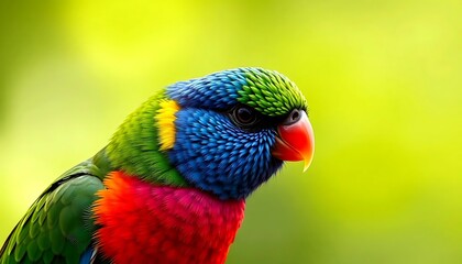 Naklejka premium Vibrant Rainbow Lorikeet Portrait: A Close-Up of a Colorful Australian Parrot with Detailed Feathers and a Bright Green Background