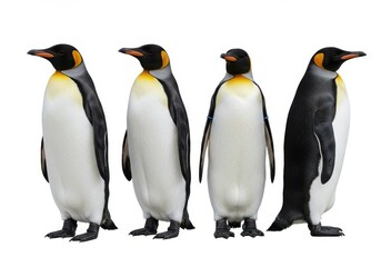 Fototapeta premium Four emperor penguins stand side by side against a white background in a studio setting