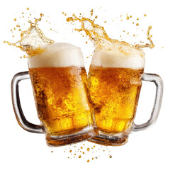 Two beer mugs toasting with splash on transparent background