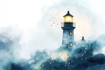 A floating lighthouse on a sea of clouds, child peeking from the balcony at the stars, soft glow and pastel palette, watercolor illustration