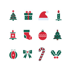 Flat vector set of 12 colorful Christmas icons including tree, gift, stocking, ornament, bell, and candy cane for holiday design
