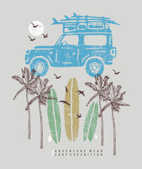 Illustration of a composition with a car silhouette, coconut trees and surfboards. Art alluding to an adventure trip. © Leo