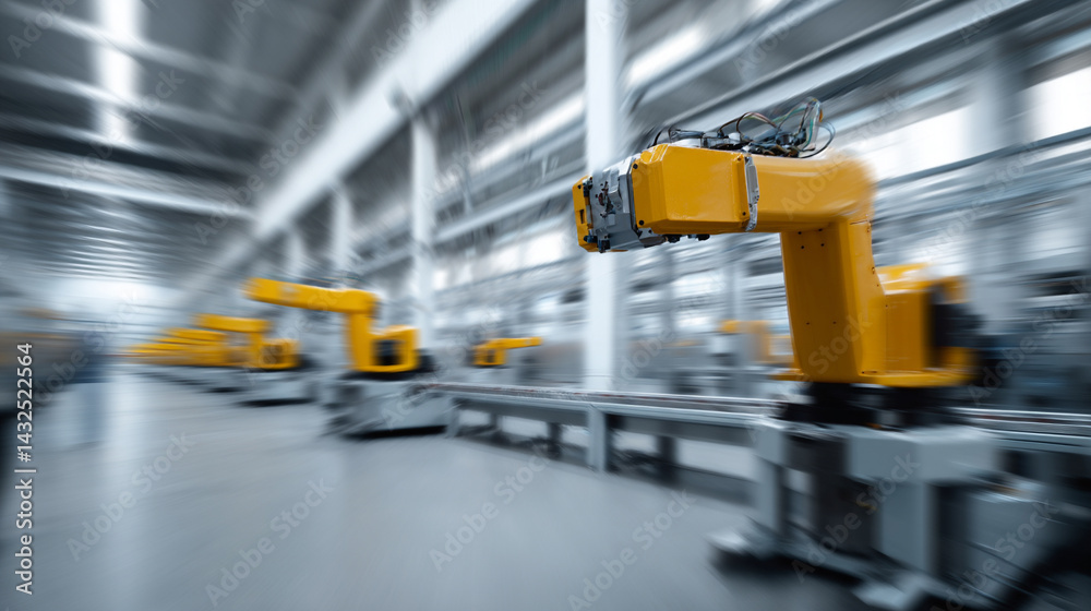 Poster wide shot of factory with robotic arms showcasing automation and efficiency