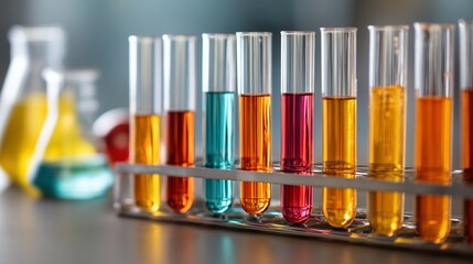 Colorful chemical solutions in test tubes in a laboratory setting.