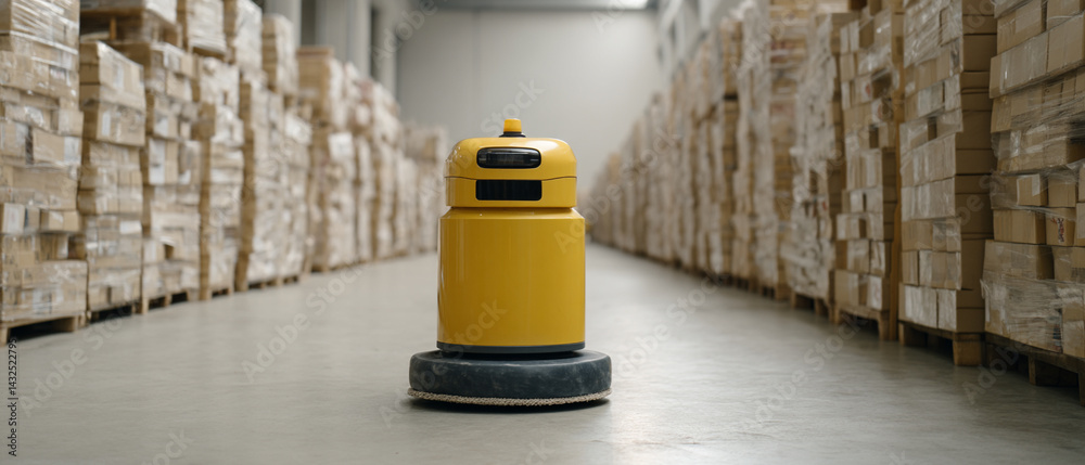 Poster yellow robotic floor cleaner efficiently navigates warehouse aisle, surrounded by stacks of cardboar