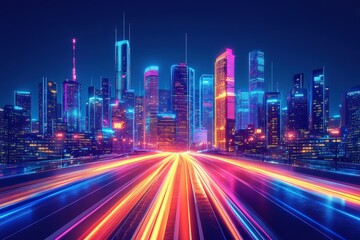 Fototapeta premium Futuristic city skyline at night with vibrant light trails on a highway