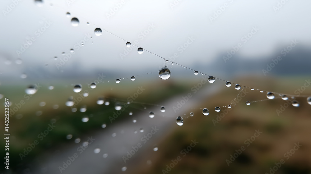 Poster dewdrops delicately hang on cobweb in misty landscape, creating serene and tranquil scene