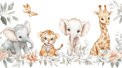 Cute animal illustration with flowers and leaves