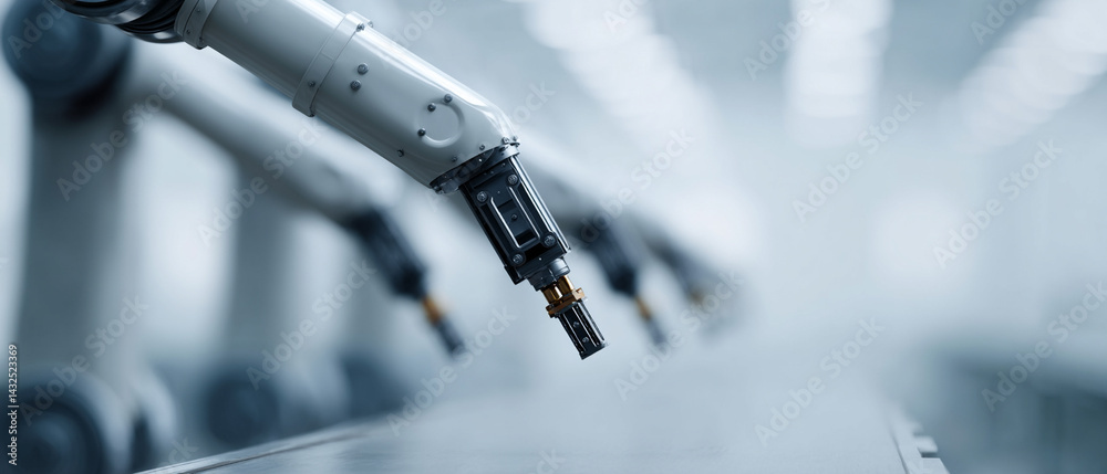 Poster futuristic scene of robotic arms in factory, driven by advanced technology, showcasing precision and innovation