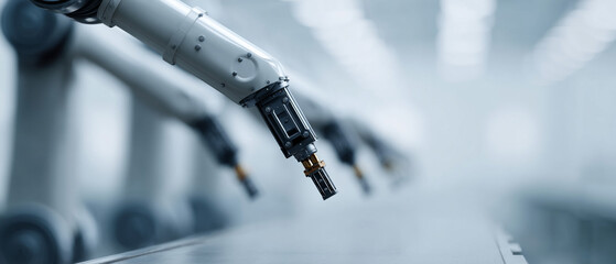 futuristic scene of robotic arms in factory, driven by advanced technology, showcasing precision and innovation