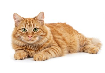 Obraz premium Ginger tabby cat with green eyes lying down on a white background looking at the camera