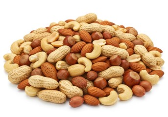 Pile of mixed nuts including cashews, almonds, peanuts, and hazelnuts on a white background
